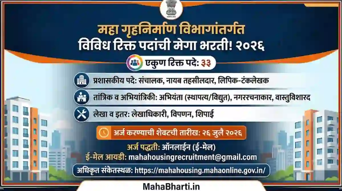 महाराष्ट्र गृहनिर्माण विकास महामंडळ लिपिक, चालक अन्य पदांची भरती जाहिरात प्रकाशित!! – Maha Housing Recruitment Application Form