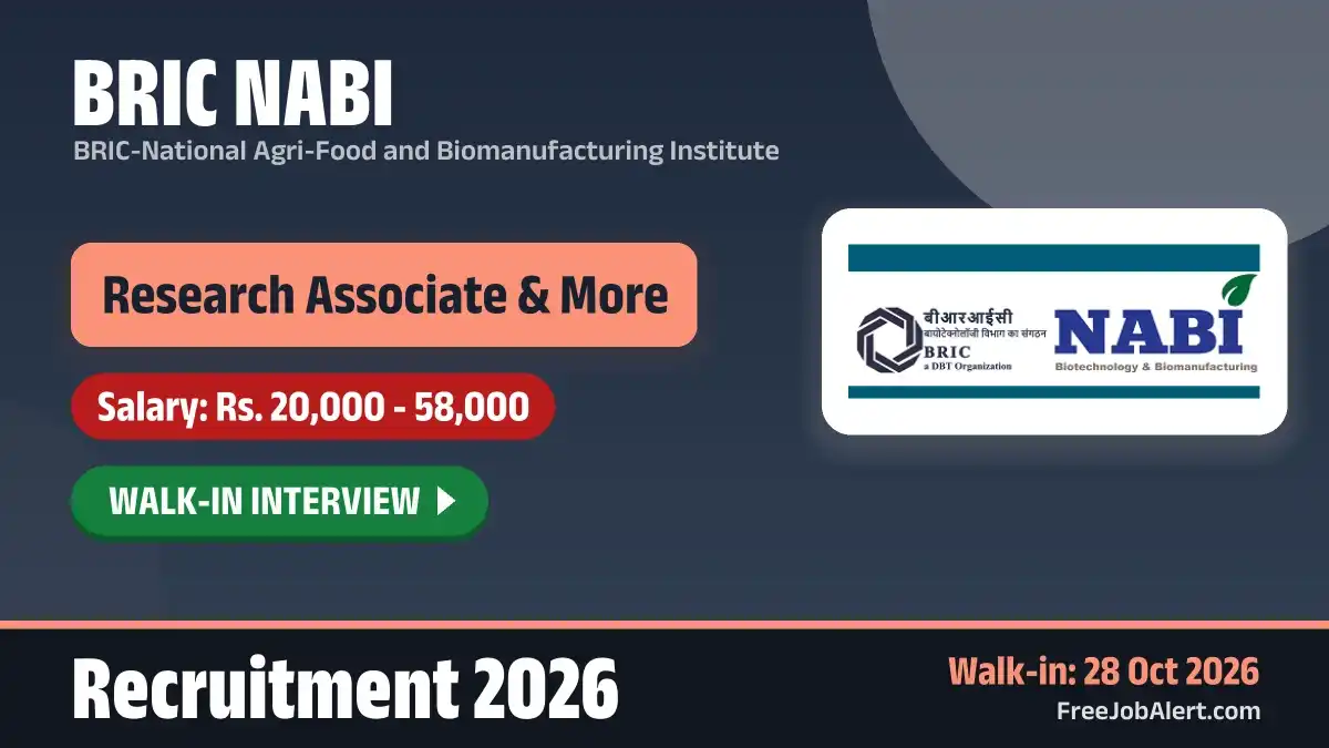 BRIC NABI Recruitment 2026 – Apply Online for 5 Research Associate, Senior Research Fellow and More Posts