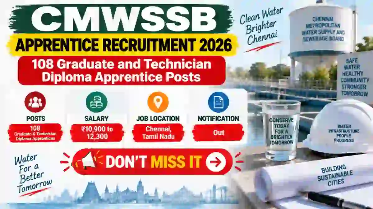 CMWSSB Apprentice Recruitment 2026 - Apply Online for 108 Graduate and Technician Diploma Apprentice Posts CMWSSB Apprentice Recruitment 2026 - Apply Online for 108 Graduate and Technician Diploma Apprentice Posts