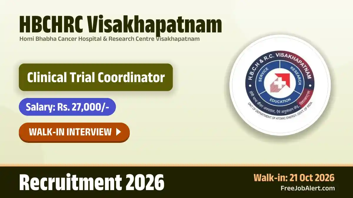 HBCHRC Visakhapatnam Clinical Trial Coordinator Recruitment 2026 – Walkin HBCHRC Visakhapatnam Clinical Trial Coordinator Recruitment 2026 – Walkin