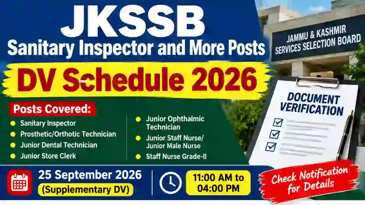 JKSSB Supplementary DV Schedule 2026 - Check Sanitary Inspector and More Posts DV Dates at jkssb.nic.in JKSSB Supplementary DV Schedule 2026 - Check Sanitary Inspector and More Posts DV Dates at jkssb.nic.in