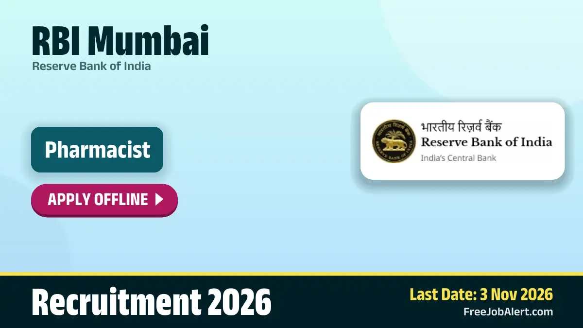 RBI Pharmacist Recruitment 2026 – Apply for 22 Posts, ₹600 Per Hour
