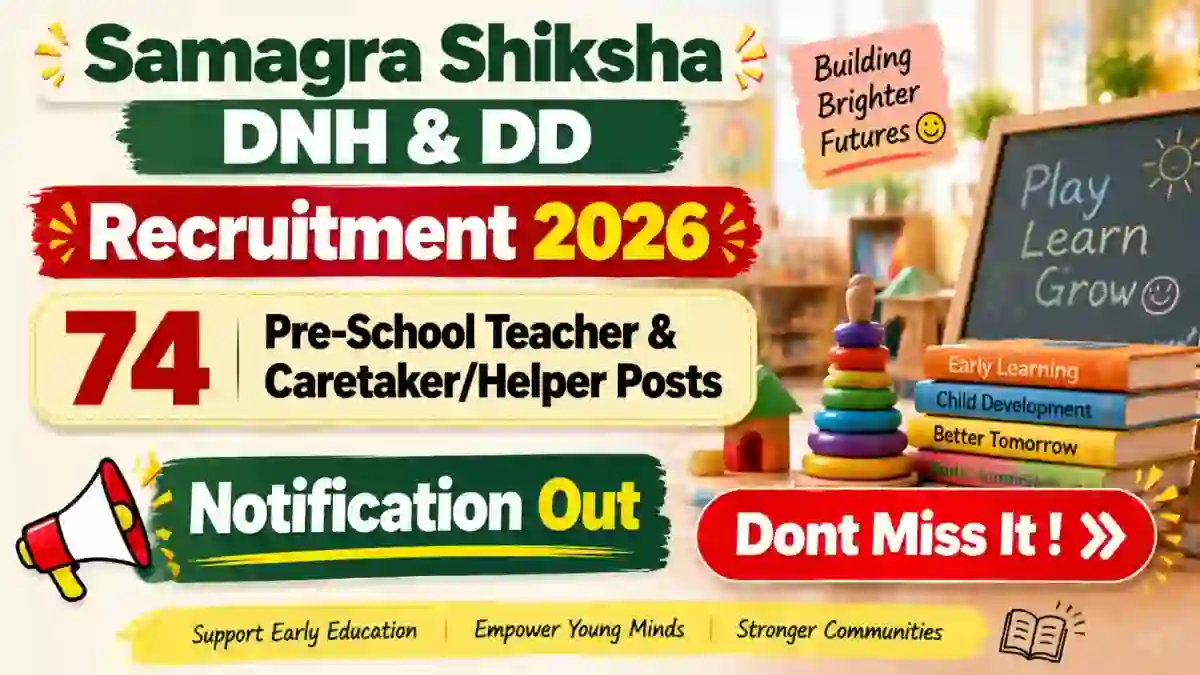 Samagra Shiksha DNH & DD Recruitment 2026 – Walk in for 74 Pre-School Teacher & Caretaker/Helper Posts Samagra Shiksha DNH & DD Recruitment 2026 – Walk in for 74 Pre-School Teacher & Caretaker/Helper Posts
