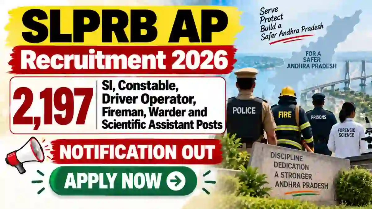 SLPRB AP Recruitment 2026 - 2,197 SI, Constable, Driver Operator, Fireman, Warder and Scientific Assistant Posts SLPRB AP Recruitment 2026 - 2,197 SI, Constable, Driver Operator, Fireman, Warder and Scientific Assistant Posts